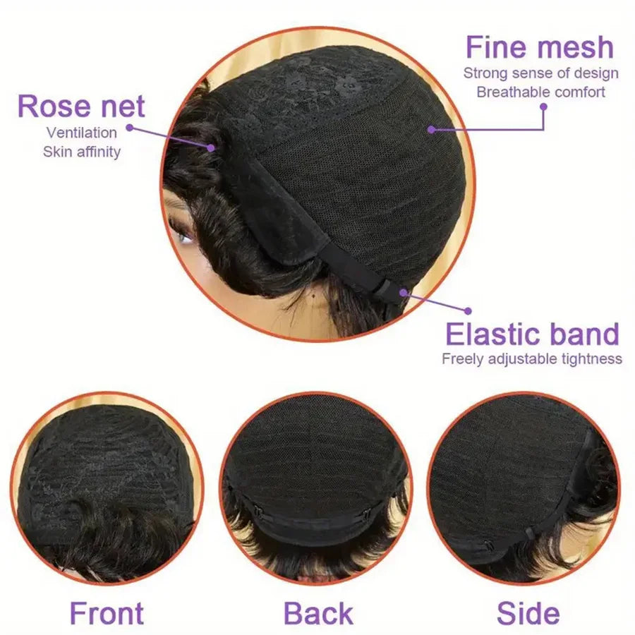 Natural Black Short Pixie Cut Wig Curly Human Hair Wig with Pre Plucked Bangs for Women Brazilian Hair Machine Made Wig