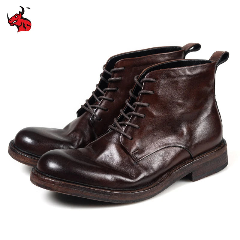 High Quality Cowhide Motorcycle Boots Men Genuine Leather Waterproof Motorbike Boots Vintage Hight-Top Moto Rider Ankle Boots