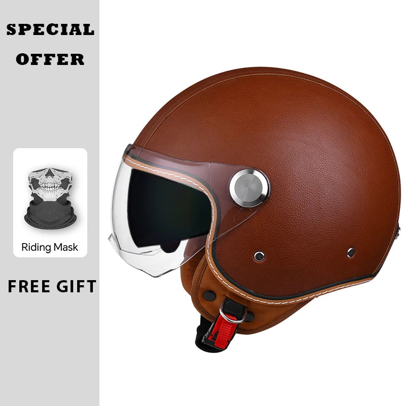 Black Leather Open Face Motorcycle Helmets Men Women Vintage Jet Moto Helmet DOT Retro 3/4 Half Helmet Pedal Personality Scooter
