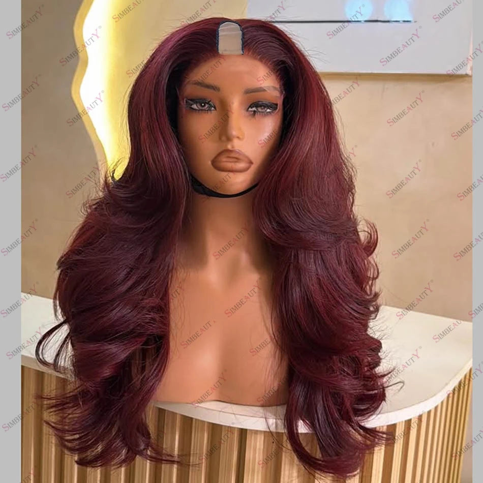 Black Women Burgundy Wavy Human Hair U Part Wigs 200Density Remy Brazilian Hair Glueless V Part Wigs 99J Easy Wear Wavy Wigs