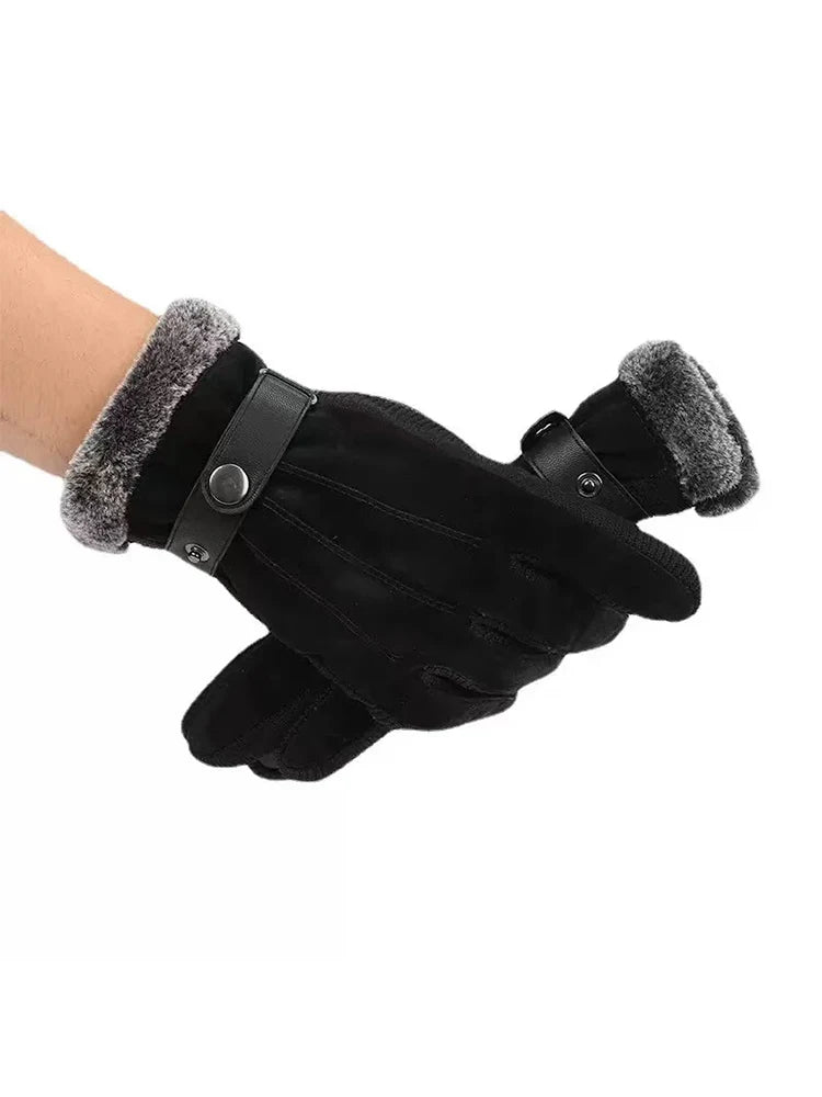 Men's Pigskin Touchscreen Gloves, Fleece-Lined, Thickened for Winter, Windproof Motorcycle Riding Cold-Resistant Gloves