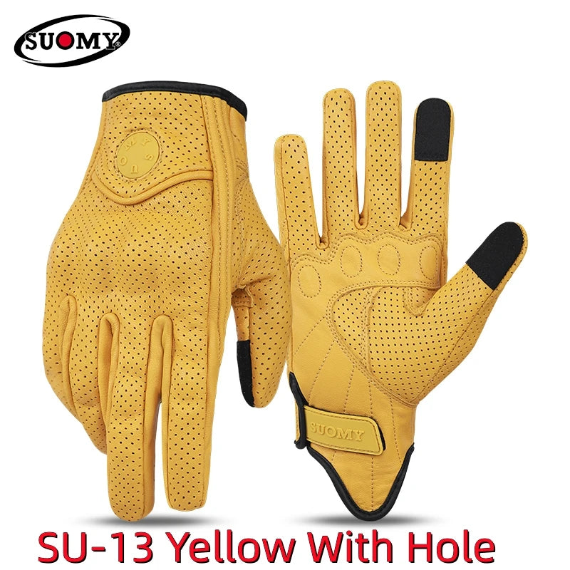 Retro Leather Motorcycle Gloves Riding Anti-fall Moto Gloves Classic Pink/Yellow/Black Leather Breathable Summer Gloves