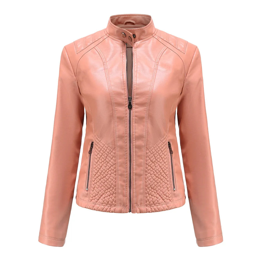 Women's Long Sleeved Zipper Motorcycle Jacket, Casual Leather Jacket, Simple and Trendy Clothing, Autumn and Winter popular