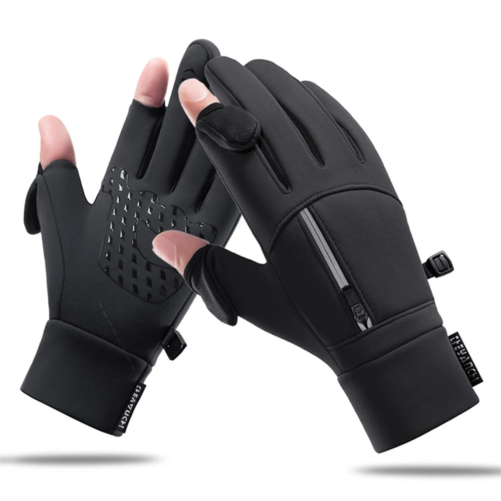 Winter Warm Gloves Flip Over Expose Two Fingers Gloves Waterproof Windproof Touch Screen Gloves Cycling Ski Fishing Gloves