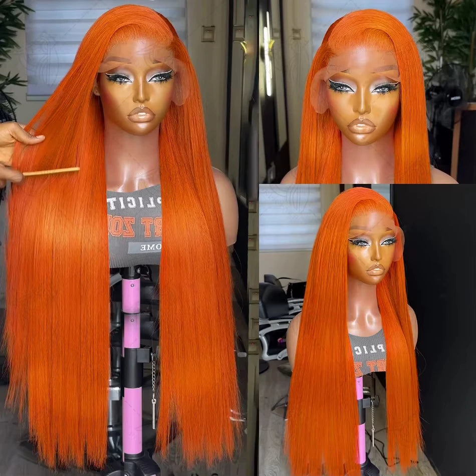 40 Inch Ginger 0range Bone Straight Hd Lace Human Hair Wig 13x6 Hd Lace Frontal Real Colored Brazilian Preplucked Wigs For Women