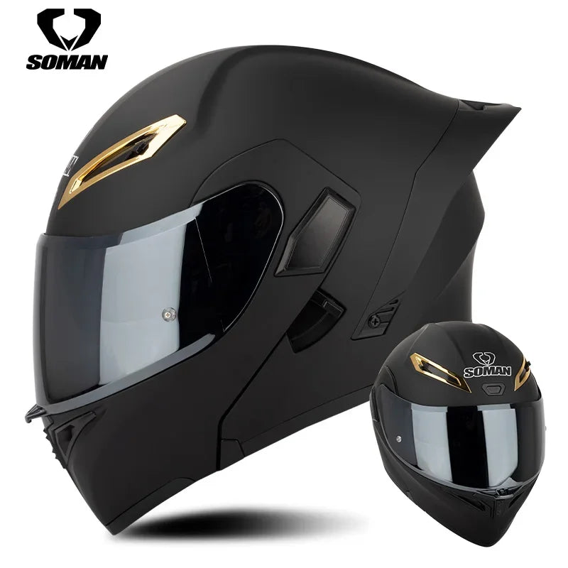SOMAN Full Face Helmet Dual Lens Flip Up Motorcycle Helmets Casco Accessories Men Women Casque Moto Racing DOT Approved Visor