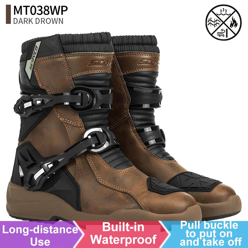 SCOYCO Motorcycle Protective Boots Waterproof Enduro Riding Shoes TPU Leather Anti-slip Motocross Rally High Top Boot botas moto