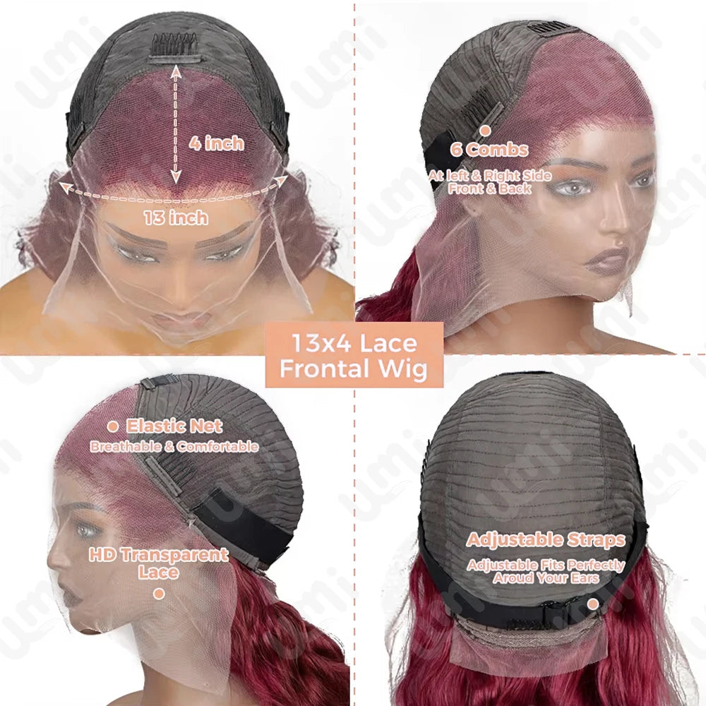 Umi 13x4 Burgundy 99J 200% Density Body Wave Short Bob Lace Frontal Wig Red Remy Human Hair Pre plucked HD Transparent Lace Wigs