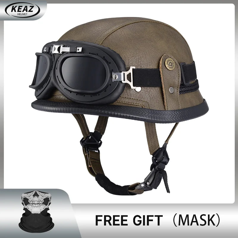 Factory Price Motorcycle German Style Leather Half Face Helmet DOT Approved Cap1/2 Shell Helmets+Goggles Open-Face Casque