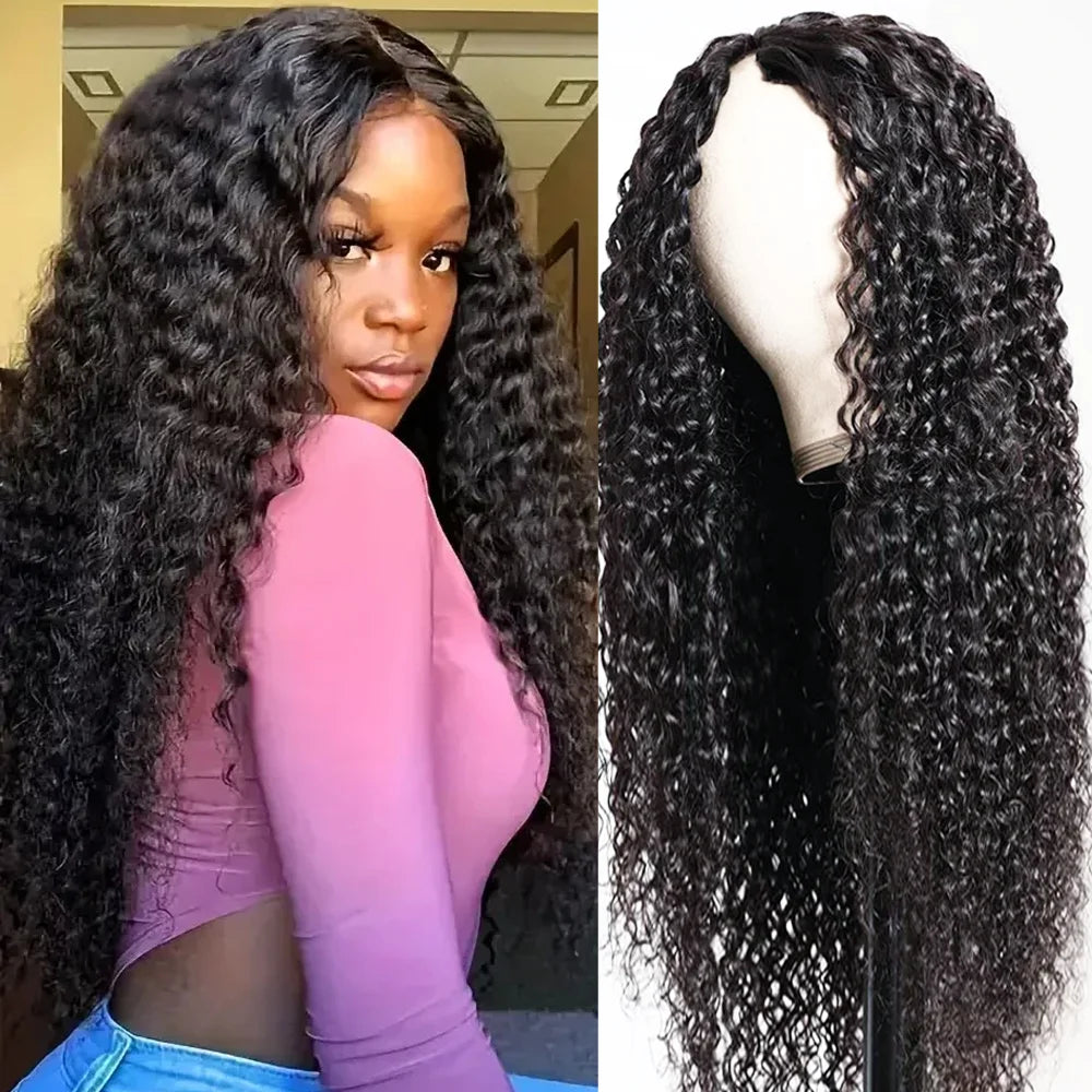 Upgraded V Part Wig Kinky Curly Wig Brazilian 32 inch Natural Black Color Deep Wave Human Remy Hair Wigs For Women 200 Density