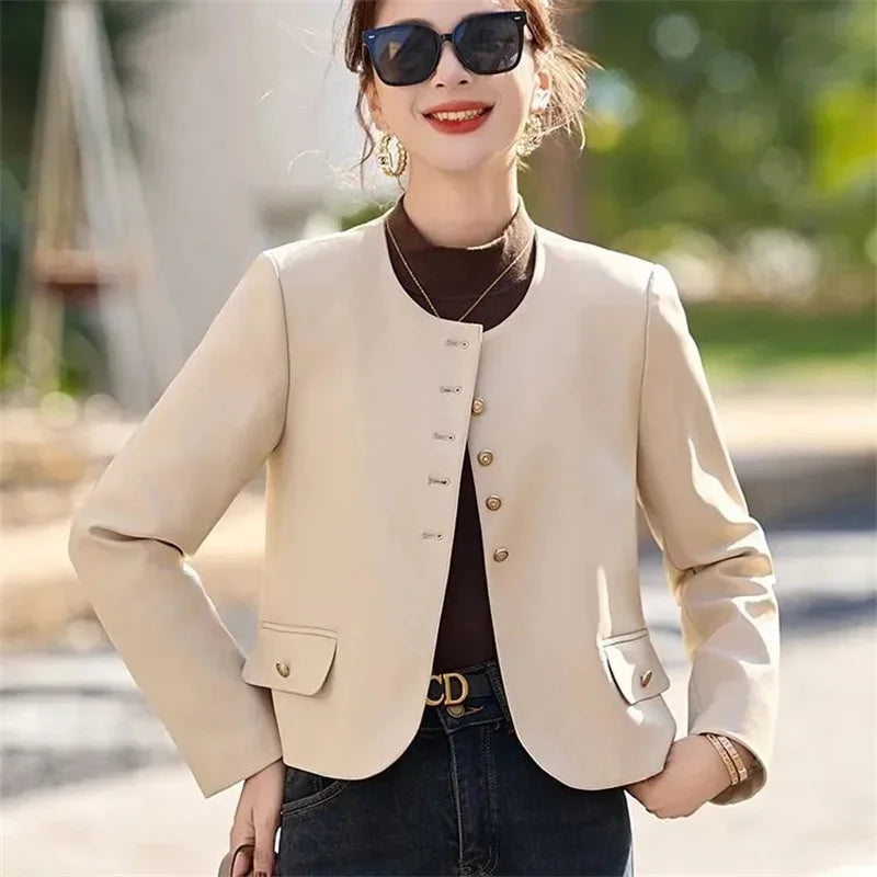 Leather Jacket for Women 2026 Spring Autumn New Retro Fashion Casual Round Neck Short LeatherCoat Motorcycle Clothing Female