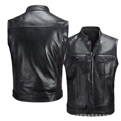 1The Latest Solid Color Vest Motorcycle Standing Collar Leather Vest for Men Pu Leather Coat
