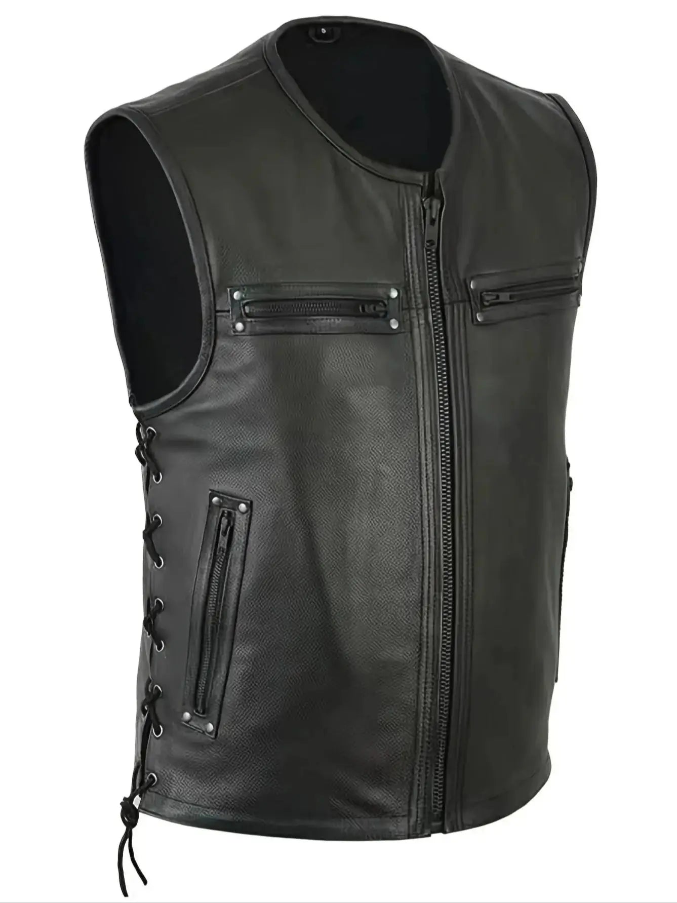 Men Solid Color Vest Motorcycle Fleet Punk Leather Vest Coat Sleeveless O-Neck Zipper Slim Jacket Autumn Work Coats Male Wear