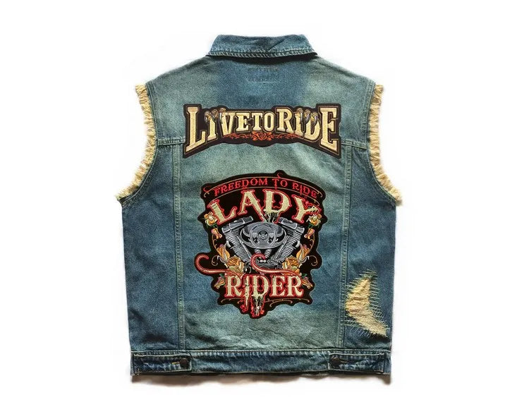 Embroidered Denim vest blue Jeans Patchwork Motorcycle Biker Jeans Sleeveless jacket punk Cowboy Fashion vest live to ride 6XL