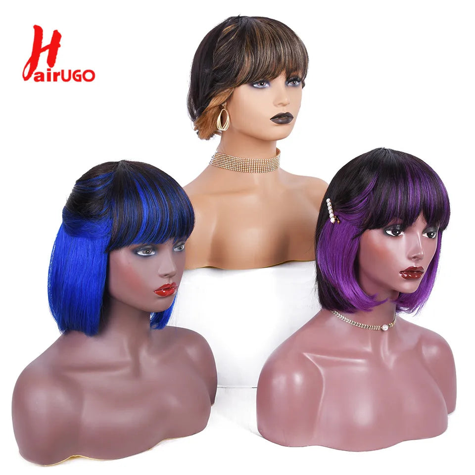 Purple Ombre Bob Straight Wigs Short BOB Human Hair Wigs With bangs Mix Color Bob Bangs Wigs P1B/27 Highlight Wigs For Party