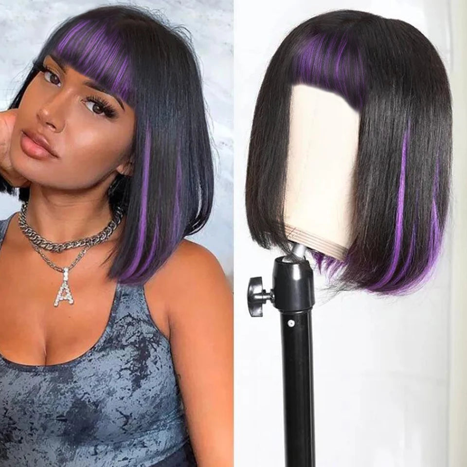 Purple Ombre Bob Straight Wigs Short BOB Human Hair Wigs With bangs Mix Color Bob Bangs Wigs P1B/27 Highlight Wigs For Party