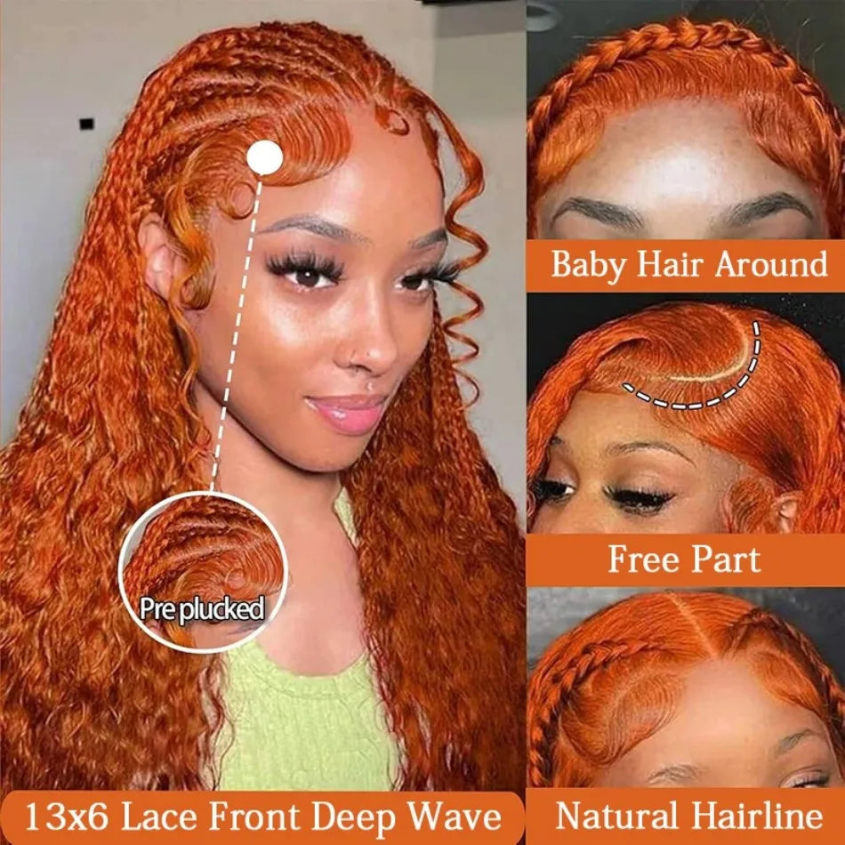 Ginger Orange Deep Wave 13X6 Hd Lace Front Human Hair Wig 13X4 250 Density 36 Inch 350 Colored Curly Pre Plucked Brazilian Wigs