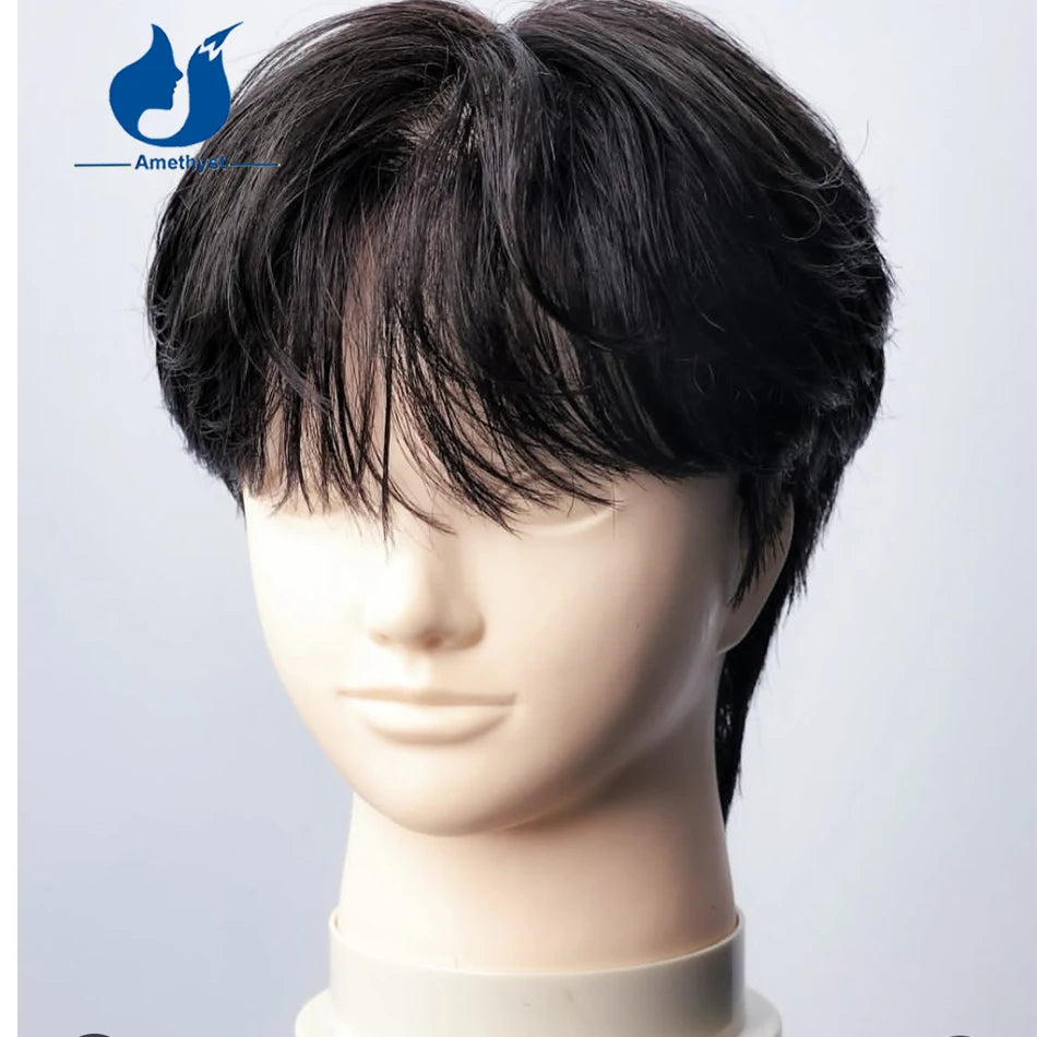 Amethyst Black Straight Short Pixie Cut Wig for Men Human Hair with Bangs Pre Plucked Full Lace Wig with Sideburns Pre Styled