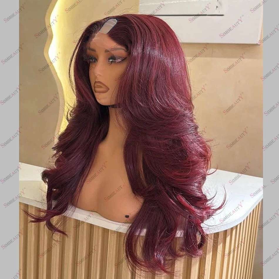 Black Women Burgundy Wavy Human Hair U Part Wigs 200Density Remy Brazilian Hair Glueless V Part Wigs 99J Easy Wear Wavy Wigs