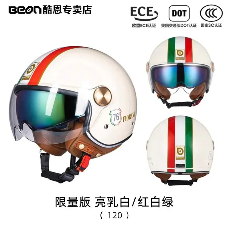 BEON Motorcycle Retro Style Helmet Electric Bike Riding Three-quarters Half Helmet Lightweight Dual Lens Safety Helmet