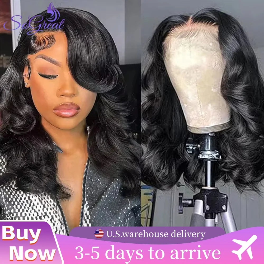 SoGreat 200% Density Body Wave Lace Front Wig 13x6 13x4 Lace Front Wigs Short Bob Human Hair Wigs Natural Black Wig Brazilian