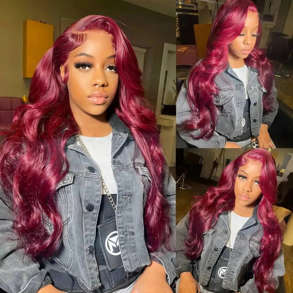 99j burgundy 13x6 Max-lace Wigs 36 Inch Red Colored Lace Front Human Hair Wigs 220 Density HD Lace Body Wave Brazilian For Women