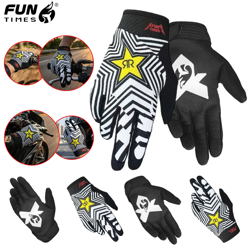 FUNTIMES latest little fox pattern design motorcycle riding full finger gloves black and white striped split finger gloves