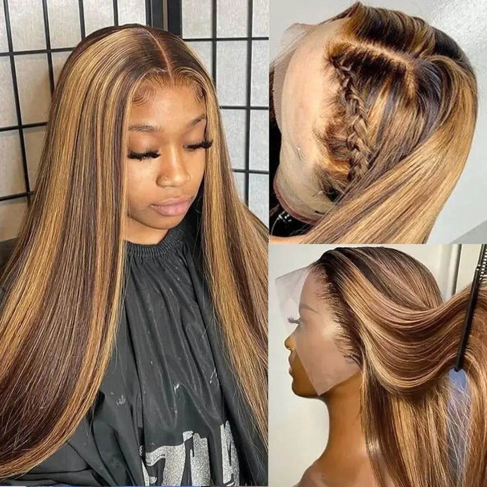 13x6 Straight HD Lace Frontal Wig P4/27 Colored Human Hair Wigs For Women 200 Density Remy Hair 30 36 inches