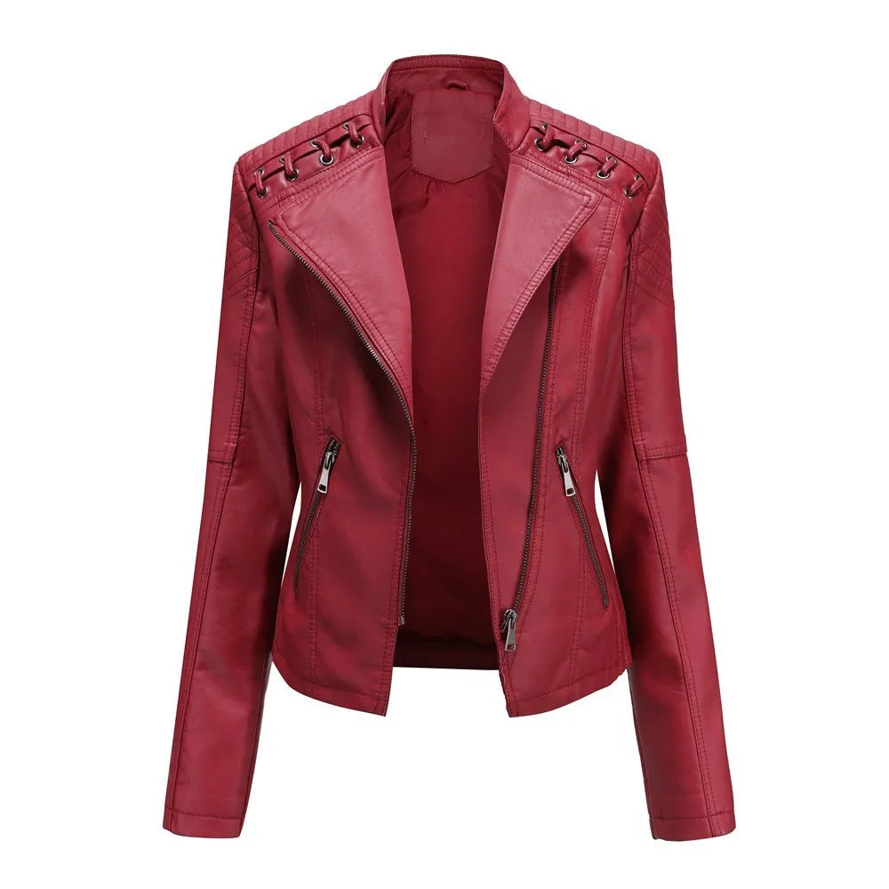 Spring Autumn Women's Clothing Slim Fit PU Leather Jacket For Woman Motorcycle Biker Style Short Coat With Notched Collar