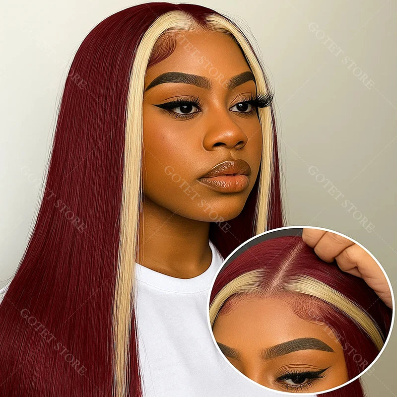 99J/613 Colored Highlight 13x4 Hd Transparent Straight  Lace Front Wigs Omber Blonde With Burgundy Red Human Hair Wigs Brazilian