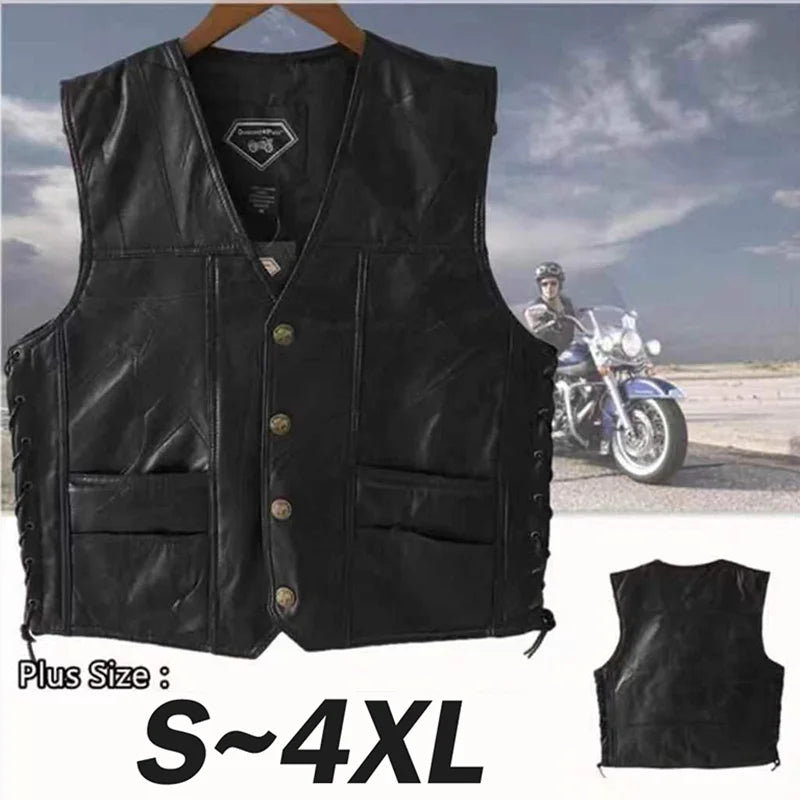 Motorcycle Vest Men's Stitching Sheepskin Leather Waistcoat V-Neck Street Style Cool Motorcycle Jacket Motocross Equipment