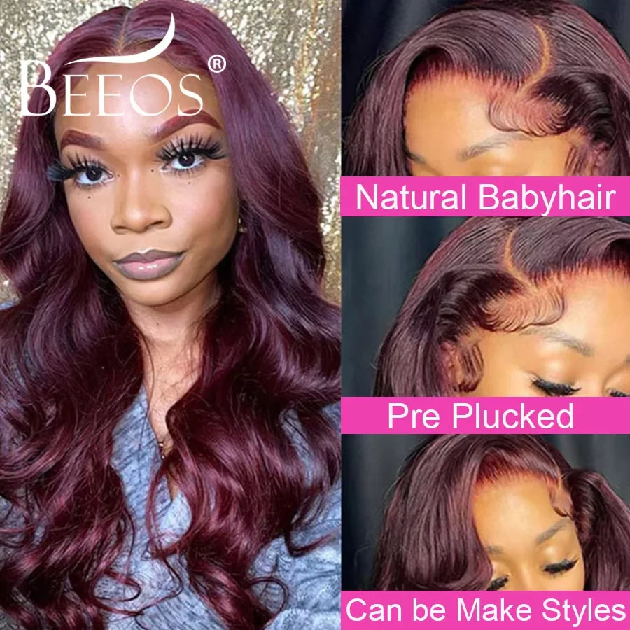 34in 99J Dark Red Burgundy  13X6 HD Lace Front Wig Colored Wigs Body Wave Human Hair Wigs Quick Qeave Wig Brazilian Remy Hair