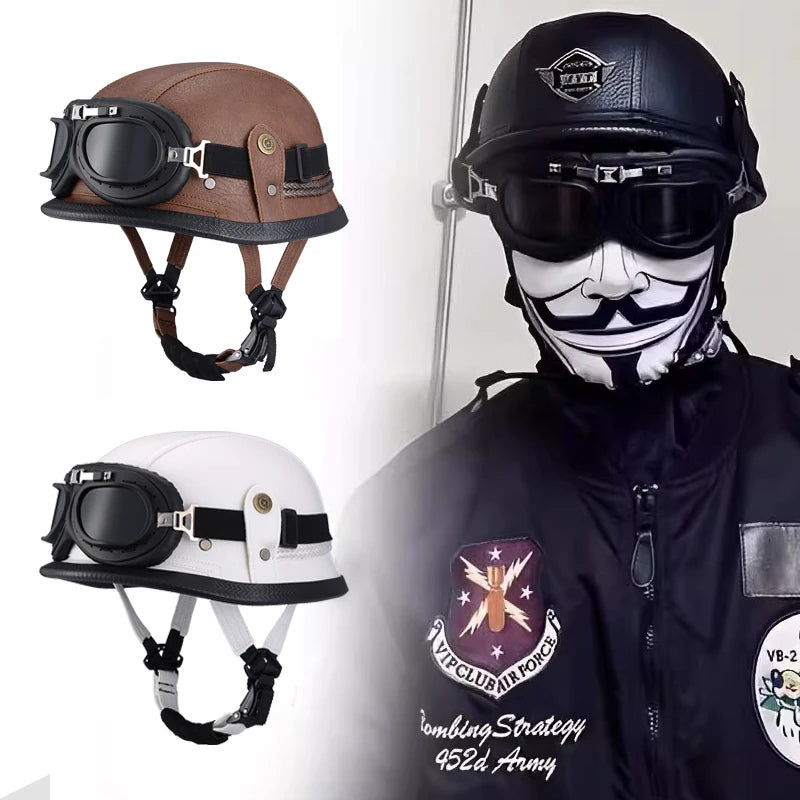 Factory Price Motorcycle German Style Leather Half Face Helmet DOT Approved Cap1/2 Shell Helmets+Goggles Open-Face Casque