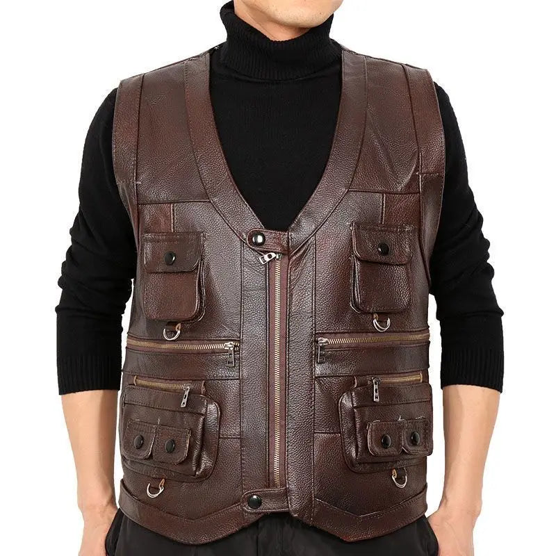 Cowhide Genuine Leather Vest Waistcoat Male clothing Jacket Thick Motorcycle Multi Pocket leather biker Men safety vest JJ134