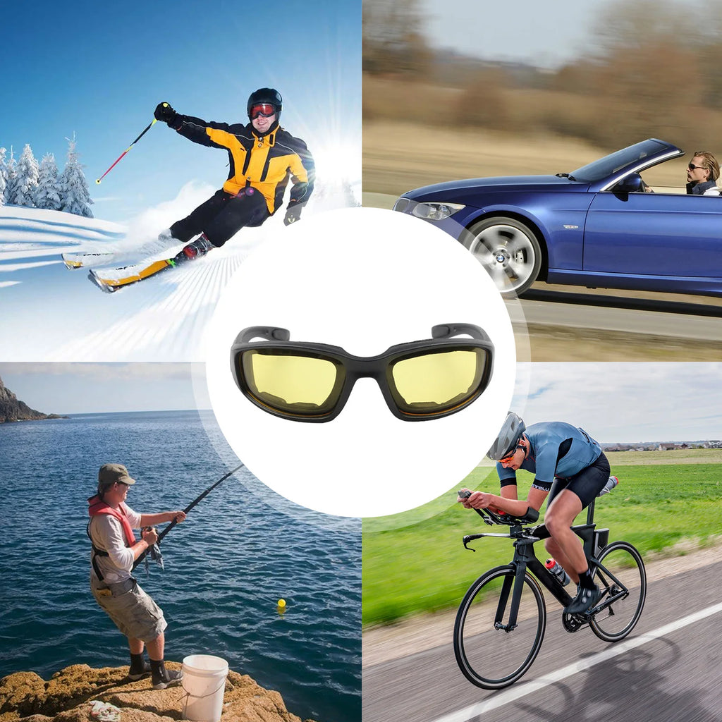 Motorcycle Riding Glasses Padding Goggles UV Protection Dustproof Windproof Sunglasses with Clear Smoke Yellow Lens Anti-glare