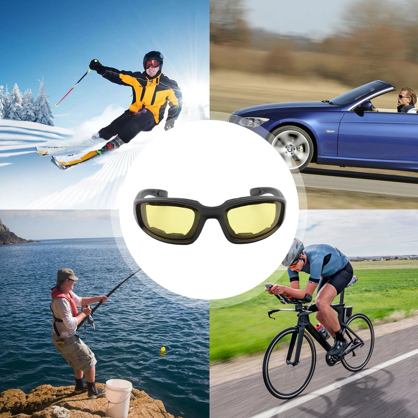 Motorcycle Riding Glasses Padding Goggles UV Protection Dustproof Windproof Sunglasses with Clear Smoke Yellow Lens Anti-glare