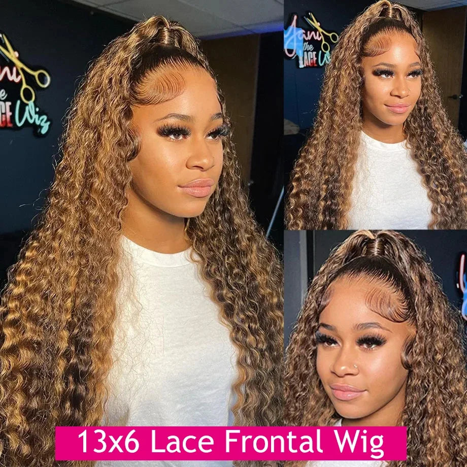 Addictive Highlight 250 Density 30 inch Ombre Curly Lace Front Human Hair Wigs Deep Wave HD Transparent 13x6 Lace Frontal Wig