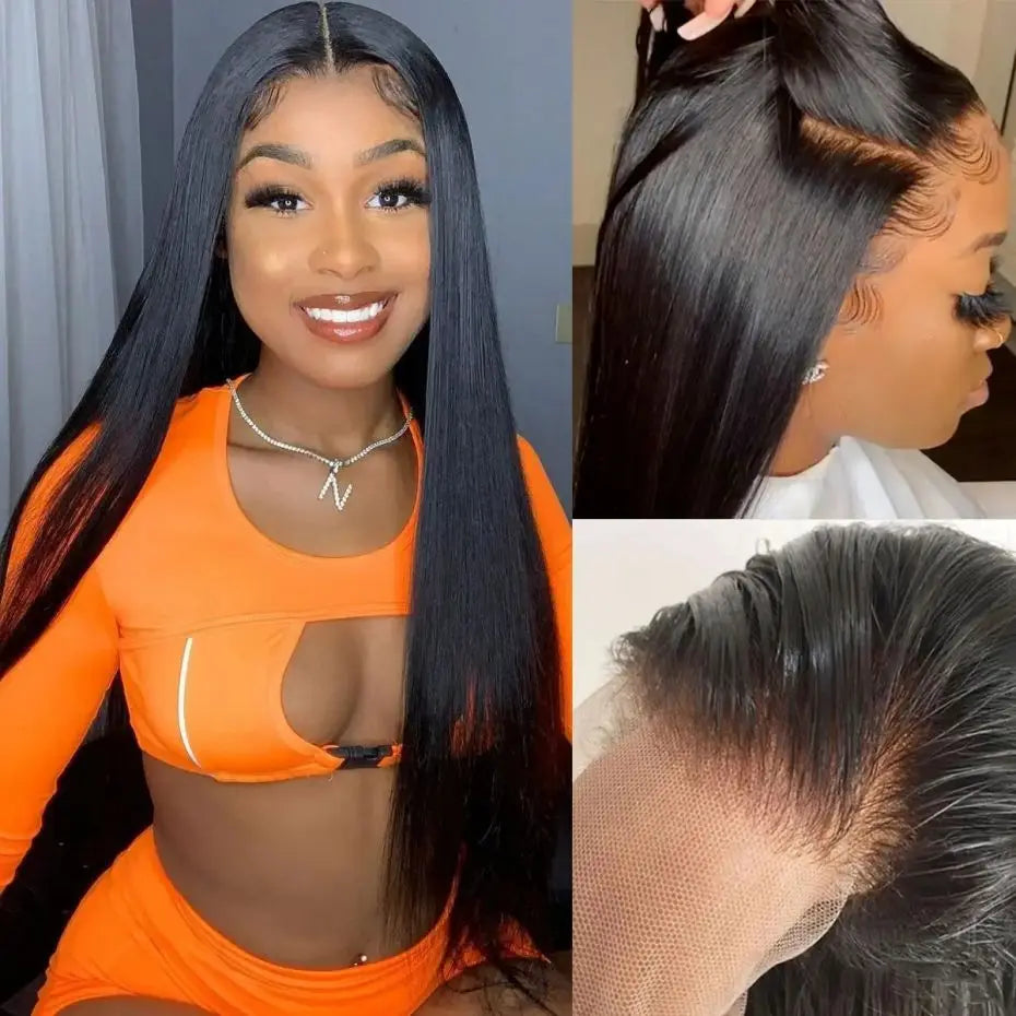 360 Full Lace Straight Wig 200 Density Glueless Invisi-Drawstring Brazilian Virgin Hair HD Transparent Lace Front Wigs For Women