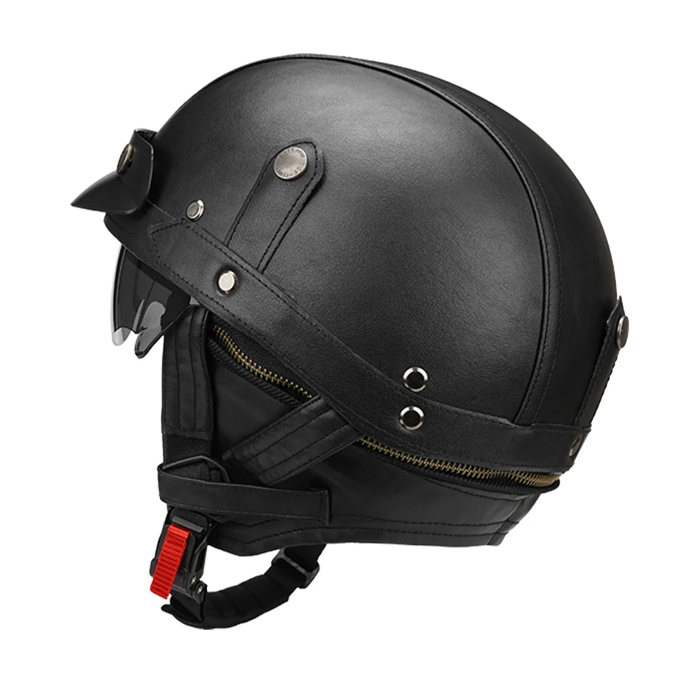 Black Motorcycle Half Helmet German Leather Vintage Helmet Casco Moto Motorcycle Open Face Helmet Biker DOT Certification