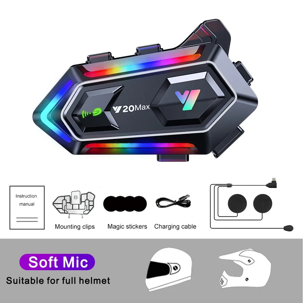 Y20 MAX Motorcycle Helmet Intercom V5.3 Hands Free Call Kit 1000mAh For 2 Rider Intercomunicador Moto Interphone Music Player