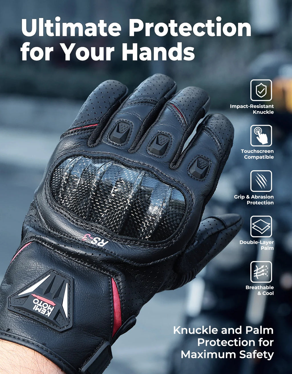 KEMITOUR Leather Motorcycle Gloves CE Men's Retro Moto Gloves Touch Screen Carbon Protective Motorbike Breathable For Summer