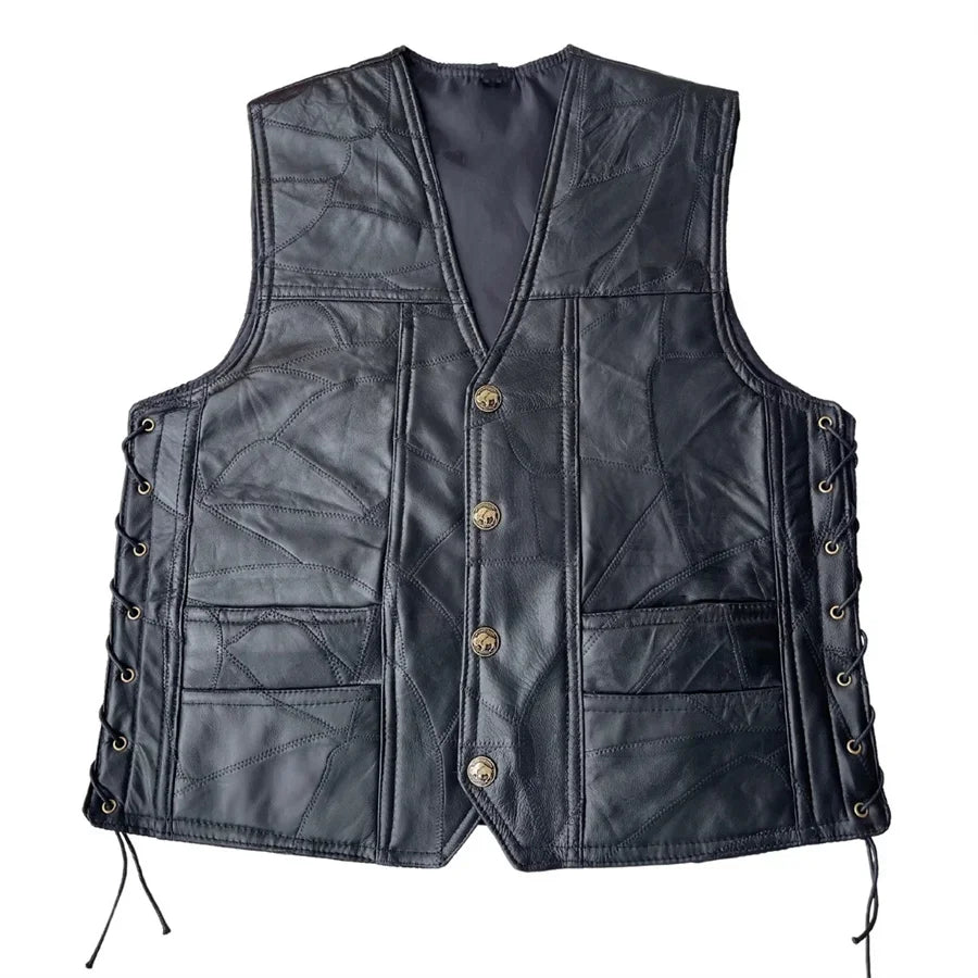 Motorbike Embroidered Men Leather Vest Punk Sleeveless Jacket Motorcycle Riding Biker Waistcoat Men's Clothing Black Streetwear
