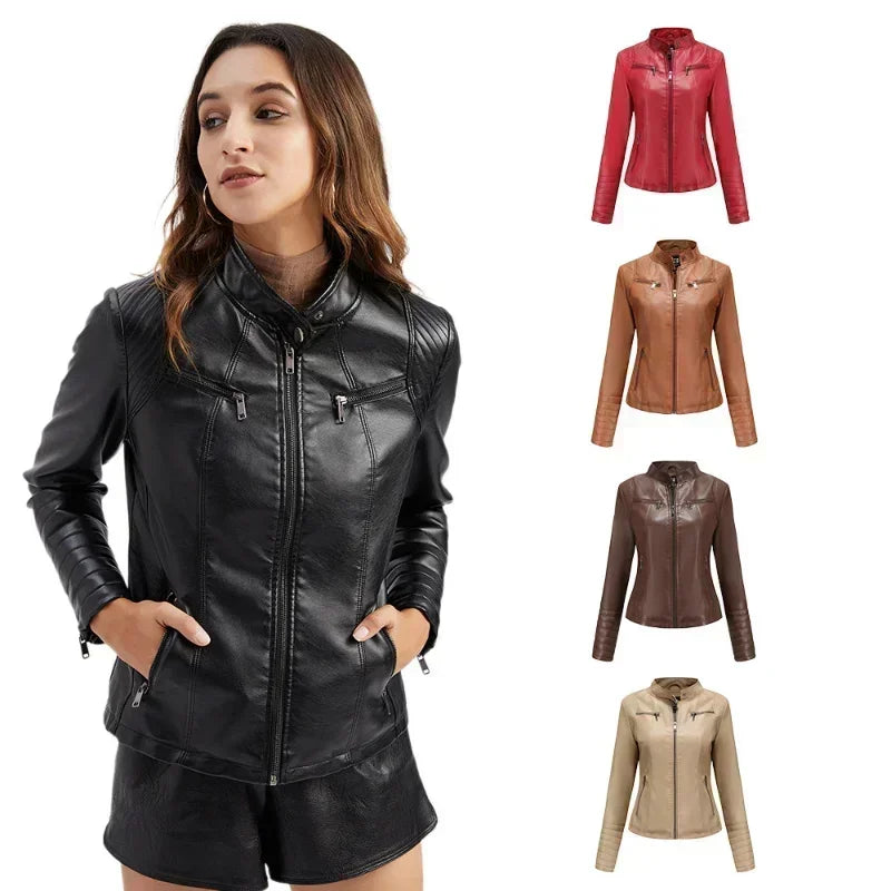 Women's Jackets Motorcycle Biker Coats Female Clothing Spring Autumn Winter Ladies Fashion PU Leather Outwear Tops with Pocket