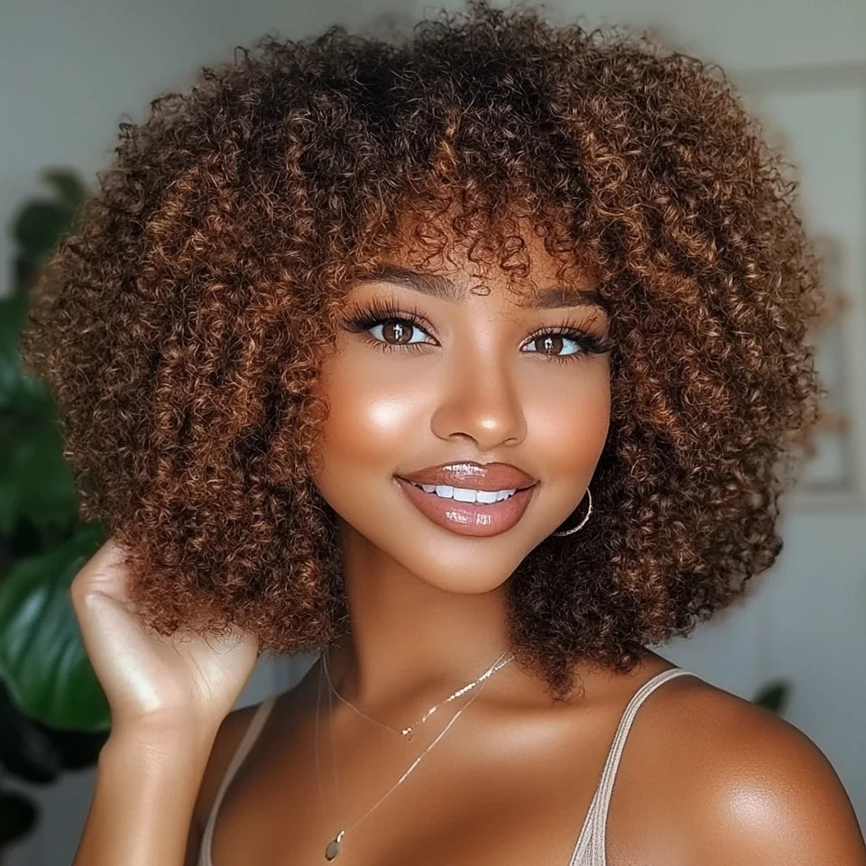 Brown Curly Bob Wigs Human Hair Wigs Afro Curly Wigs With Bangs Glueless Wear Go Jerry Curly Bob Wigs Brazilian Human Hair Wigs