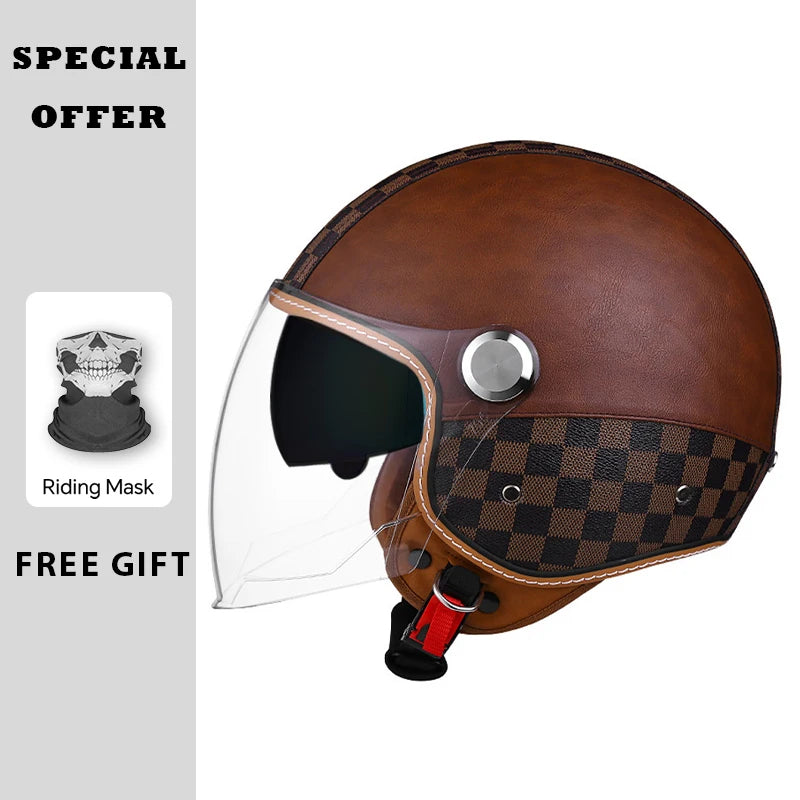 Black Leather Open Face Motorcycle Helmets Men Women Vintage Jet Moto Helmet DOT Retro 3/4 Half Helmet Pedal Personality Scooter