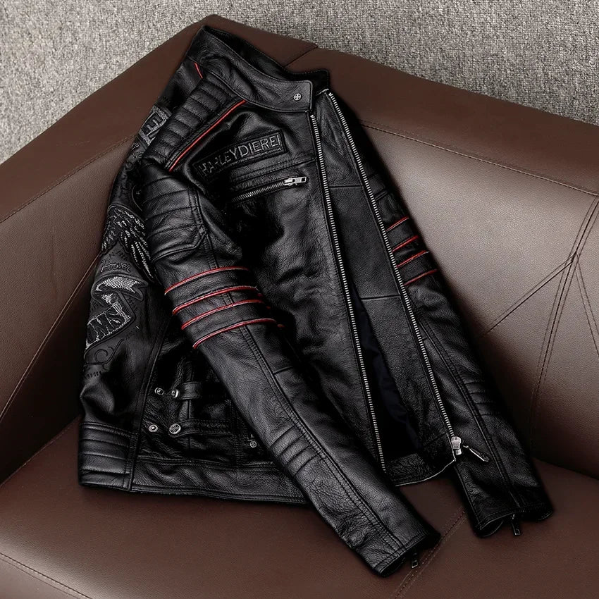 Men's Spring Original Leather Motorcycle Jacket 2025 Skull Embroidery Top Layer Cowhide Clothing Slim Fit Black Slim Male Coat