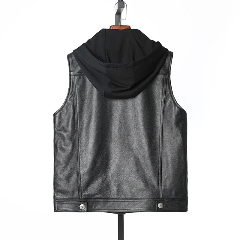 New Men's Genuine Leather Vest with Hood Denim Sle Motorcycle Jaet Youthful Springtime Faion Straight Hemline ort Length