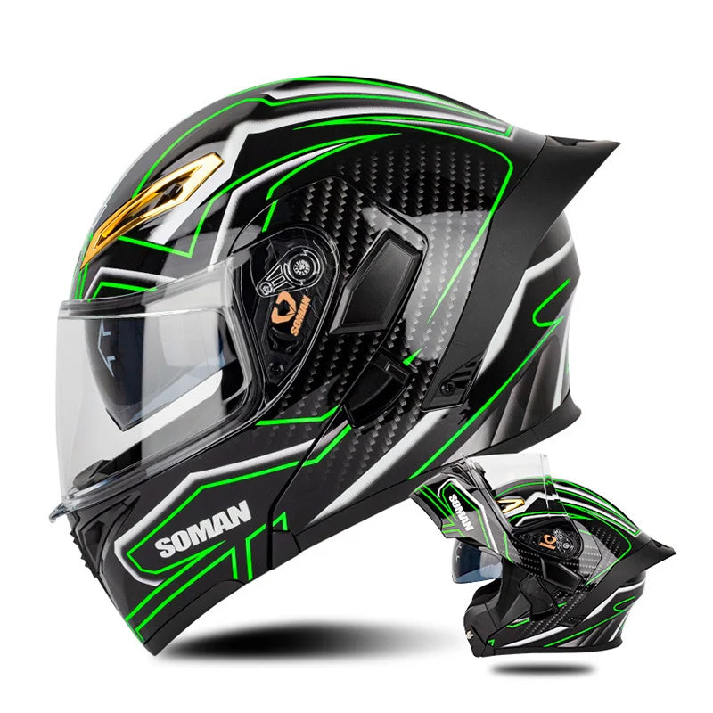 DOT Approved Men Motorcycle Helmet Dual Lens Flip Up Helmets Vintage Retro Full Face Moto Helmet Double Lens Modular Helm