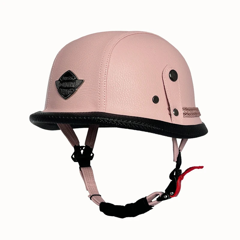 Vintage leather WWII-style black riding helmet, unisex open-face half helmet for German motorcycles, factory direct sales.