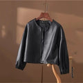 Fashion Motorcycle Clothing Khaki Black Leather Jacket Spring Autumn Women Coat Round-Neck Lantern Sleeve PU Leather Short Coat